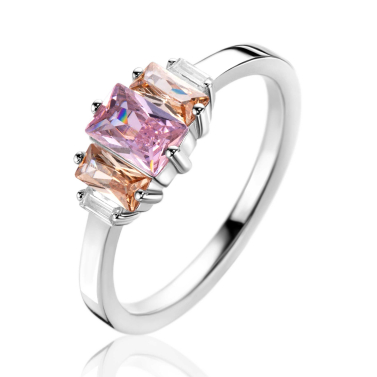ZINZI zilveren ring, bezet met baguette geslepen zirconia's in de kleuren wit, champagne en roze ZIR2490C