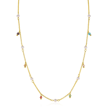 ZINZI gold plated zilveren ketting met witte parels en bungelende beads (5,5 mm) in frisse kleuren 42-45cm ZIC2705G