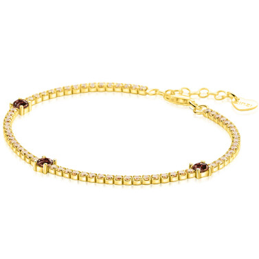 ZINZI gold plated zilveren tennisarmband 2,1mm breed bezet met champagnekleurige zirkonia’s in verfijnde rijzetting, afgewisseld met drie grotere donkerbruine kleurstenen (4,3mm) in chatonzetting ZIA2894C