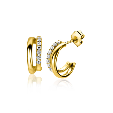 ZINZI zilveren multi-look oorstekers extra 14K geel verguld twee banen met witte zirconia's 15mm ZIO2254