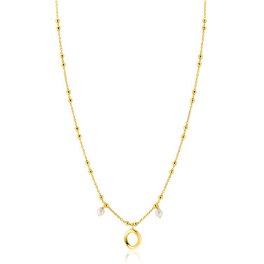 ZINZI gold plated zilveren fantasie ketting met kleine bolletjes, twee bungelende witte pareltjes en organische open vorm in het midden 42-45cm ZIC2405
