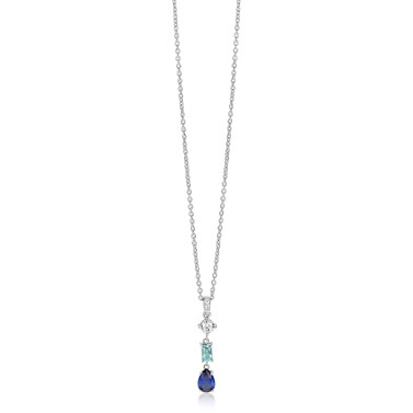 ZINZI zilveren collier 45cm met sierlijke hanger (27mm) bezet met een ronde witte zirkonia, licht aquablauwe rechthoekige kleursteen en diepblauwe peervormige kleursteen ZIC2901