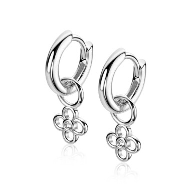 7mm ZINZI zilveren oorbedel in open klaver vier vorm, bezet met een witte zirkonia in het midden ZICH2885 (zonder oorringen)