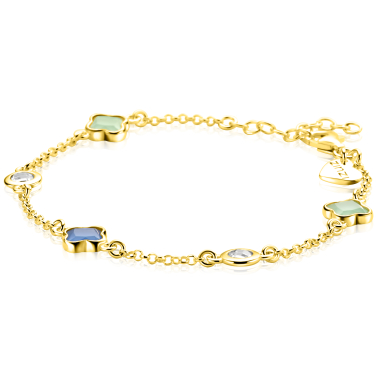 ZINZI gold plated zilveren schakel armband met twee mintgroene klavers en een blauwe klaver 17-20cm ZIA2763