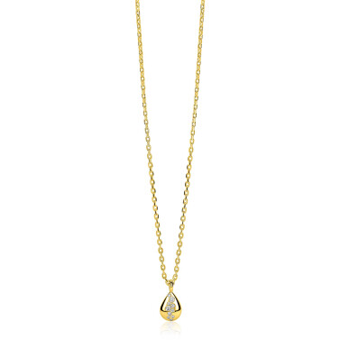 ZINZI gold plated zilveren ketting met druppelvormige hanger (14mm) bezet met witte zirkonia’s 42-45cm ZIC2871