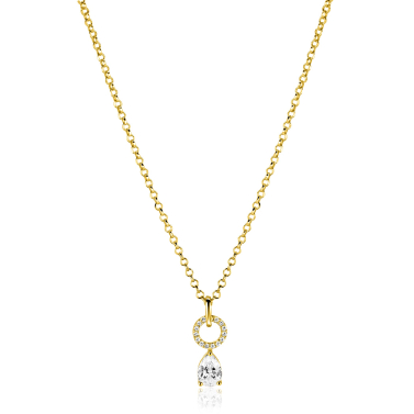 ZINZI gold plated zilveren ketting 45cm met open rondje witte zirconia's en peervormige hanger ZIC2796