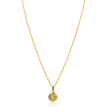ZINZI gold plated zilveren ketting 42-45cm met zon hanger, bezet met witte zirkonia ZIC2741