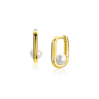 13,5mm ZINZI gold plated zilveren ovale oorringen met witte parel en luxe klapsluiting ZIO-BF146
