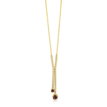 ZINZI gold plated zilveren Y-collier 45cm met luxe tennislook en champagnekleurige zirkonia's in rijzetting met twee grotere donkerbruine kleurstenen ZIC2894C
