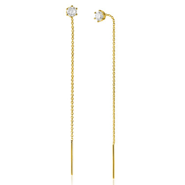 80mm ZINZI gold plated zilveren doortrek oorbellen met chatonzetting 5mm witte zirconia en sierlijk kettinkje ZIO2576Y

