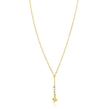ZINZI gold plated zilveren paperclip Y-collier met witte zoetwaterparel en slang ZIC2761