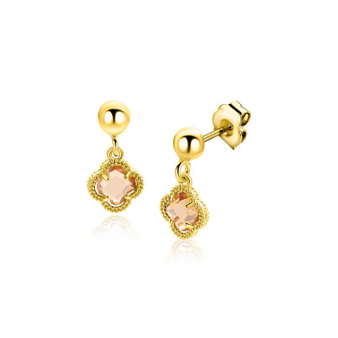 14mm ZINZI gold plated zilveren oorstekers met licht bruine klavers 7mm ZIO2905C