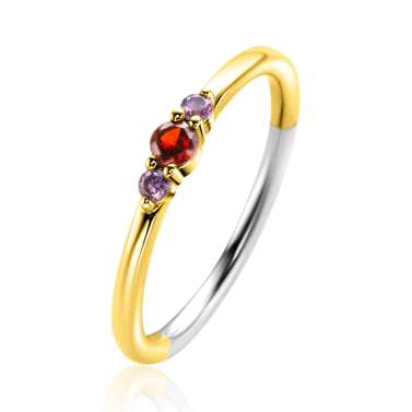 ZINZI gold plated zilveren ring met ronde chatonzettingen rood granaat en paarse kleurstenen 3mm breed ZIR2563C