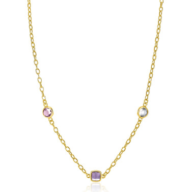 ZINZI gold plated zilveren schakelketting met ronde en vierkante zettingen pastel en paars 42-45cm ZIC2525G