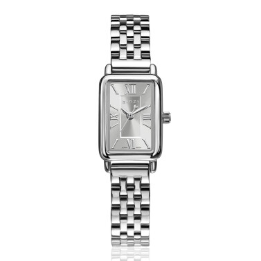 ZINZI Small Elegance horloge zilverkleurige sunray wijzerplaat en rechthoekige kast stalen schakelband 22mm extra dun ZIW2802
