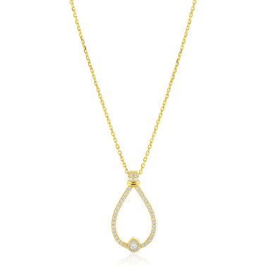 ZINZI goldplated zilveren ketting 45cm met grote sierlijke druppelvormige hanger 35mm met witte zirkonia’s ZIC2815