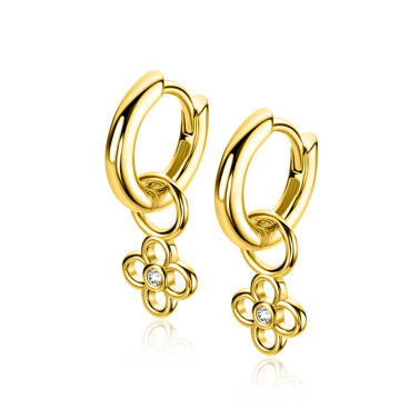 7mm ZINZI gold plated zilveren oorbedel in open klaver vier vorm, bezet met een witte zirkonia in het midden ZICH2885Y (zonder oorringen)