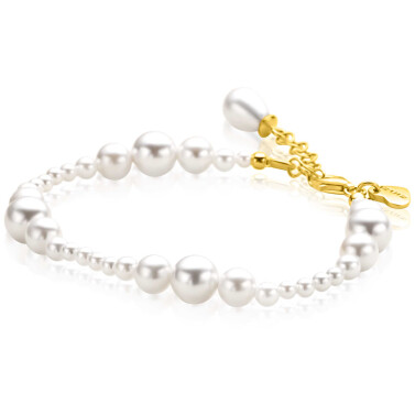 ZINZI gold plated zilveren armband met glanzende witte parels in verschillende groottes en speelse opbouw ZIA2908