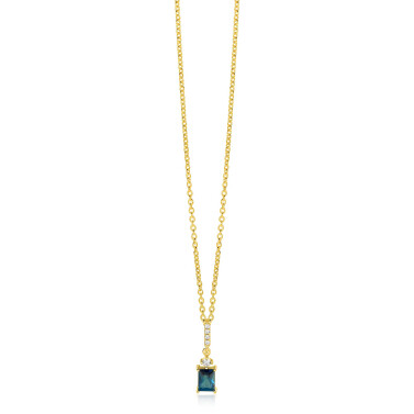 ZINZI gold plated zilveren collier 45cm met sierlijke rechthoekige hanger (22mm) met diep petrolblauwe kleursteen ZIC2896