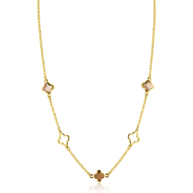 ZINZI gold plated zilveren collier 45cm met drie klavervormige zettingen met bruine kleurstenen ZIC2772