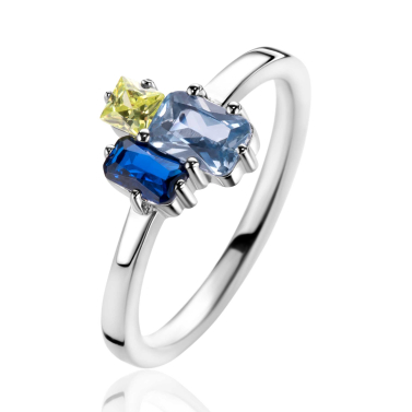 ZINZI zilveren ring met rechthoekige zettingen, bezet met licht groene, licht blauwe en saffier blauwe kleurstenen ZIR2496C
