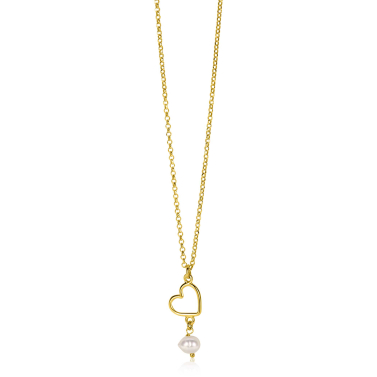 ZINZI gold plated zilveren ketting met open hartje en bungelend witte zoetwaterparel 40-45cm ZIC2642