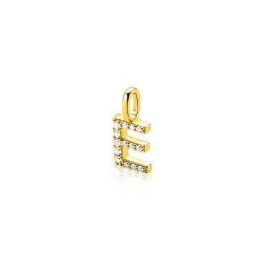 ZINZI gold plated zilveren letter hanger E bezet met witte zirkonia's ZIH2828-E (zonder ketting)