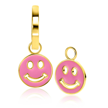 15mm ZINZI gold plated zilveren ronde smiley oorbedels, bezet met trendy roze emaille ZICH2312R (zonder oorringen)