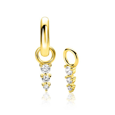 13mm ZINZI gold plated zilveren oorbedels met drie onder elkaar geplaatste witte zirkonia’s in verfijnde chatonzetting ZICH2887Y (zonder oorringen)