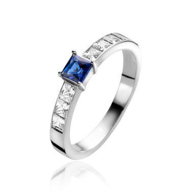 ZINZI zilveren ring vierkant saffierblauw en witte zirconia's ZIR2453C