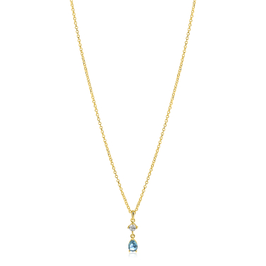 ZINZI gold plated zilveren ketting 42-45cm met luxe peervormige hanger met lichtblauwe kleursteen en witte zirkonia ZIC2744