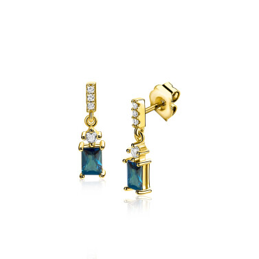 19mm ZINZI gold plated zilveren oorstekers met rechthoekige petrolblauwe kleursteen en rijzetting van witte zirkonia's ZIO2896