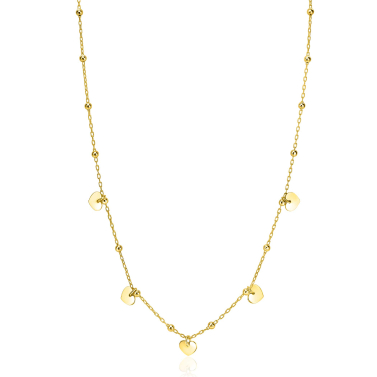 ZINZI gold plated zilveren ankerketting met kleine bolletjes en vijf gladde hartjes 42-45cm ZIC2531G