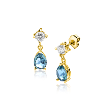 16mm ZINZI gold plated zilveren oorstekers blauwe peer en wit ronde zetting ZIO2744