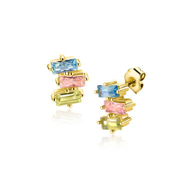 8mm ZINZI gold plated zilveren oorstekers driekleurige baguette zirkonia ZIO2739