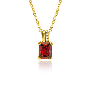 14mm ZINZI gold plated zilveren hanger met rechthoekige rood granaat kleursteen en luxe hangoog ZIH2392R (zonder collier)