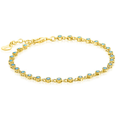 ZINZI gold plated zilveren armband met een speelse rij blauwe zirkonia’s in ronde zetting 3mm breed ZIA2893BG