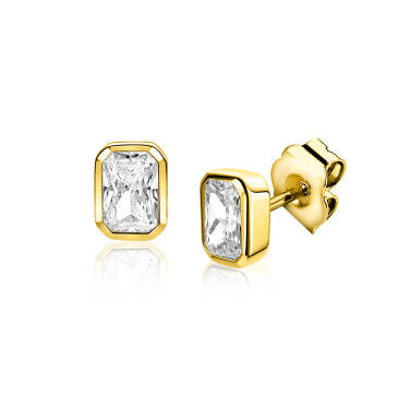 7mm ZINZI gold plated zilveren oorstekers met rechthoekige gladde kastzetting bezet met een witte zirkonia ZIO2899