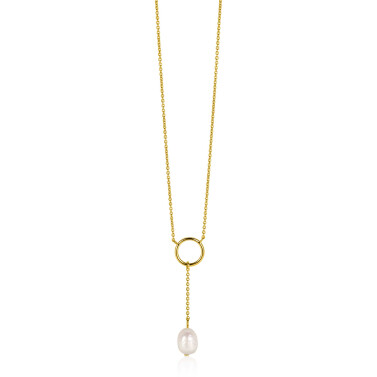 ZINZI gold plated zilveren Y-ketting met open rondje en bungelend witte zoetwaterparel in organische vorm 42-45cm ZIC2615