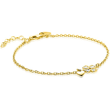 ZINZI goldplated zilveren schakelarmband met klavertje vier en hartje hanger ZIA2783Y