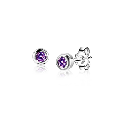 FEBRUARI oorknoppen 4mm zilver met geboortesteen paars amethist zirconia
