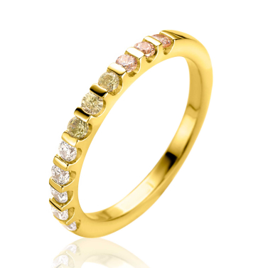 ZINZI gold plated zilveren aanschuifring 2mm breed bezet met champagne, peridot en witte zirconia's ZIR2612C