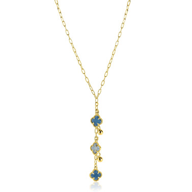 ZINZI goldplated zilveren Y ketting 45cm met drie blauwkleurige klavervormige kleurstenen en speelse bolhangers ZIC2773

