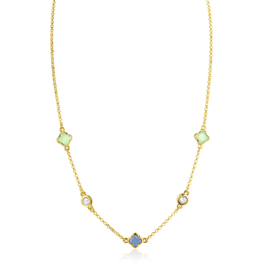 ZINZI gold plated zilveren schakelketting met twee mintgroene klavers en een blauwe klaver 40-45cm ZIC2763