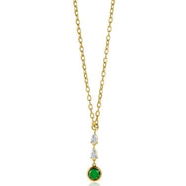 ZINZI gold plated zilveren schakelketting met hanger (31mm) bezet met twee peervormige witte zirconia's en een ronde groene kleursteen 40-45cm ZIC-BF69G