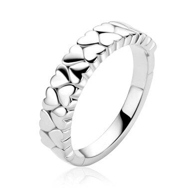 ZINZI zilveren brede ring met twee rijen aaneengeschakelde gladde hartjes ZIR2882