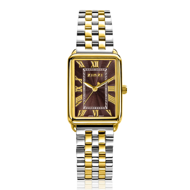 ZINZI Elegance horloge 28mm bruine wijzerplaat en rechthoekige kast stalen bicolor schakelband Japans uurwerk ZIW1936