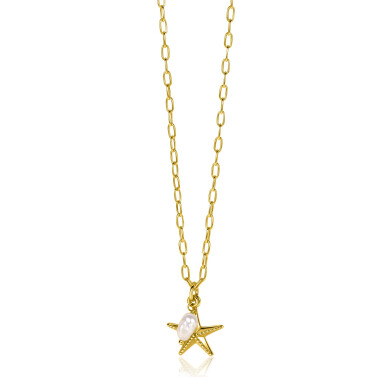 ZINZI gold plated zilveren ketting met paperclip-schakels en grote zeester hanger met ovale witte zoetwaterparel 40-45cm ZIC2641