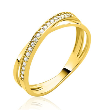 ZINZI Gold 14 krt gouden ring met cross-over design: glad en bezet met witte zirconia's ZGR469
