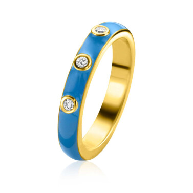 ZINZI gold plated zilveren aanschuifring trendy blauw emaille en witte zirconia's 3mm ZIR2315BC